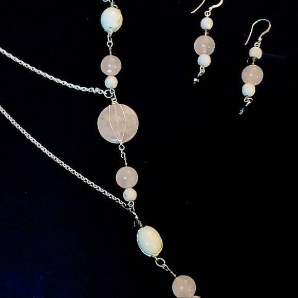 Sterling Silver Rose Quartz Precious Stone Asymmetrical Necklace/ Earrings Set. - Picture 3 of 9